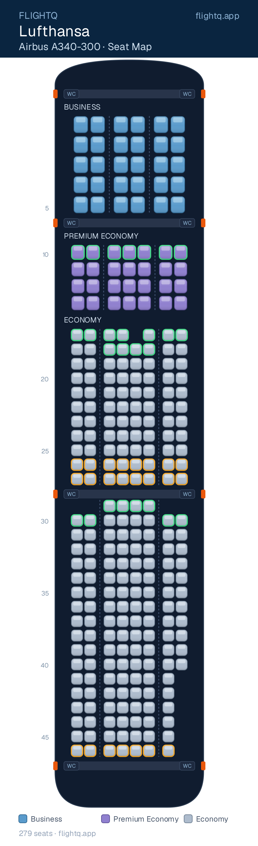 Lufthansa Airbus A340-300 seat map with 279 seats across 3 cabins — best seats and rows to avoid