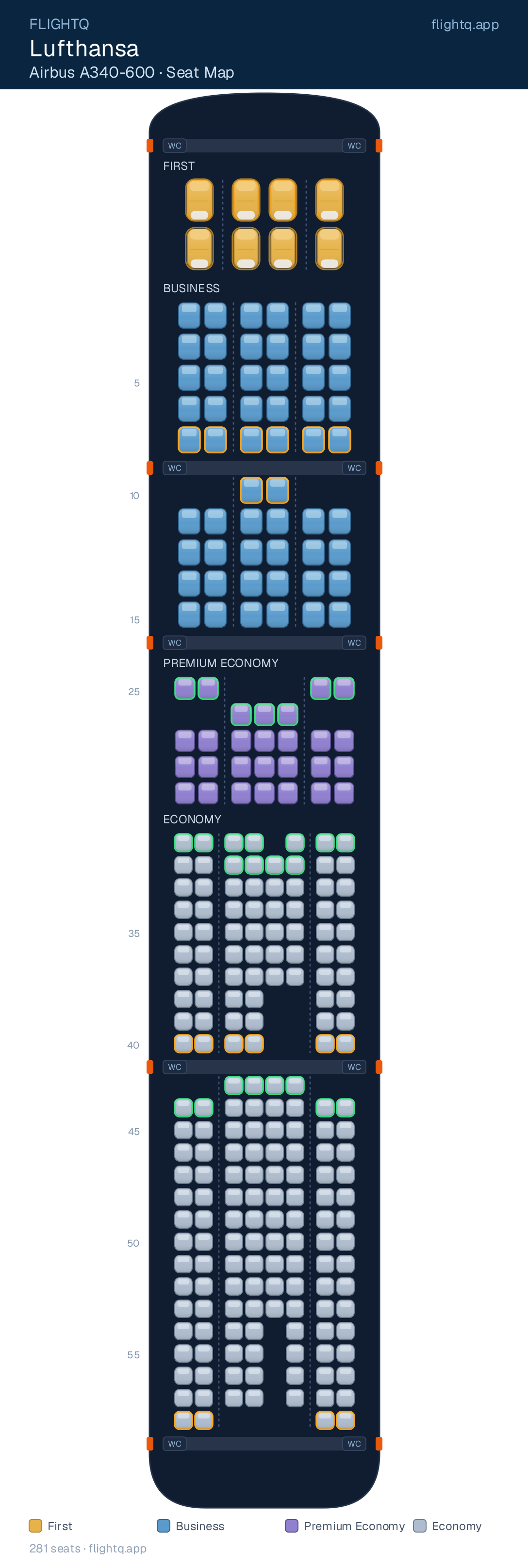 Lufthansa Airbus A340-600 seat map with 281 seats across 4 cabins — best seats and rows to avoid