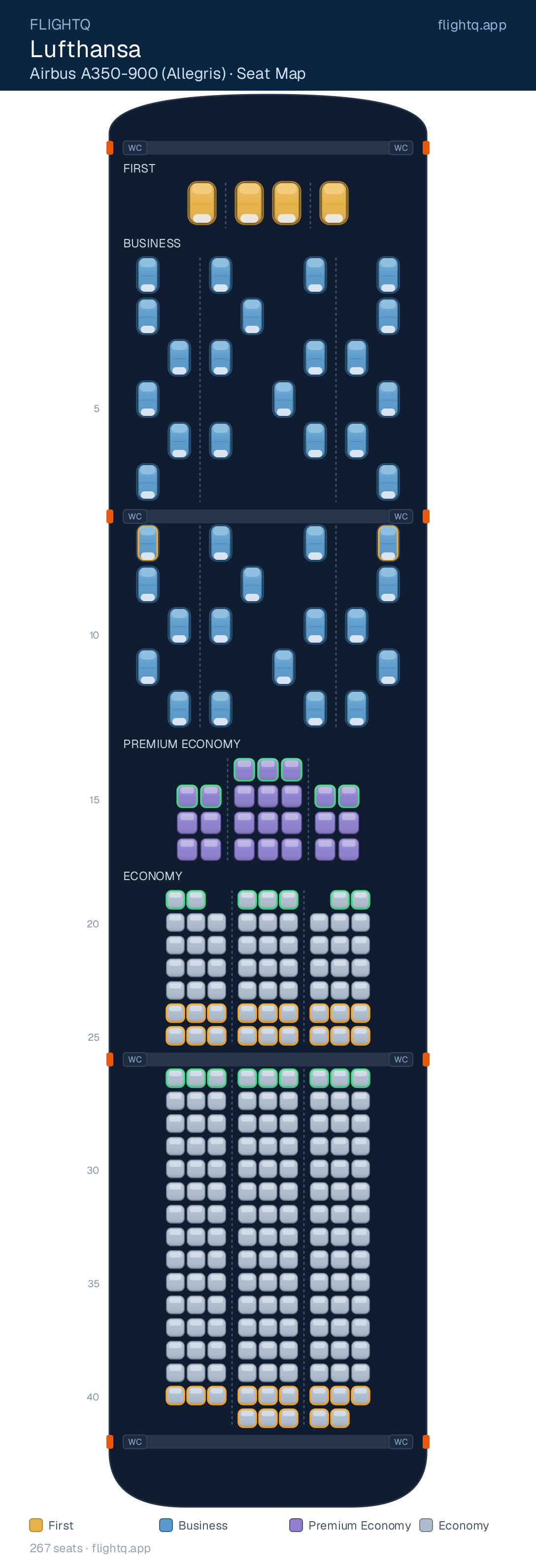 Lufthansa Airbus A350-900 seat map with 267 seats across 4 cabins — best seats and rows to avoid