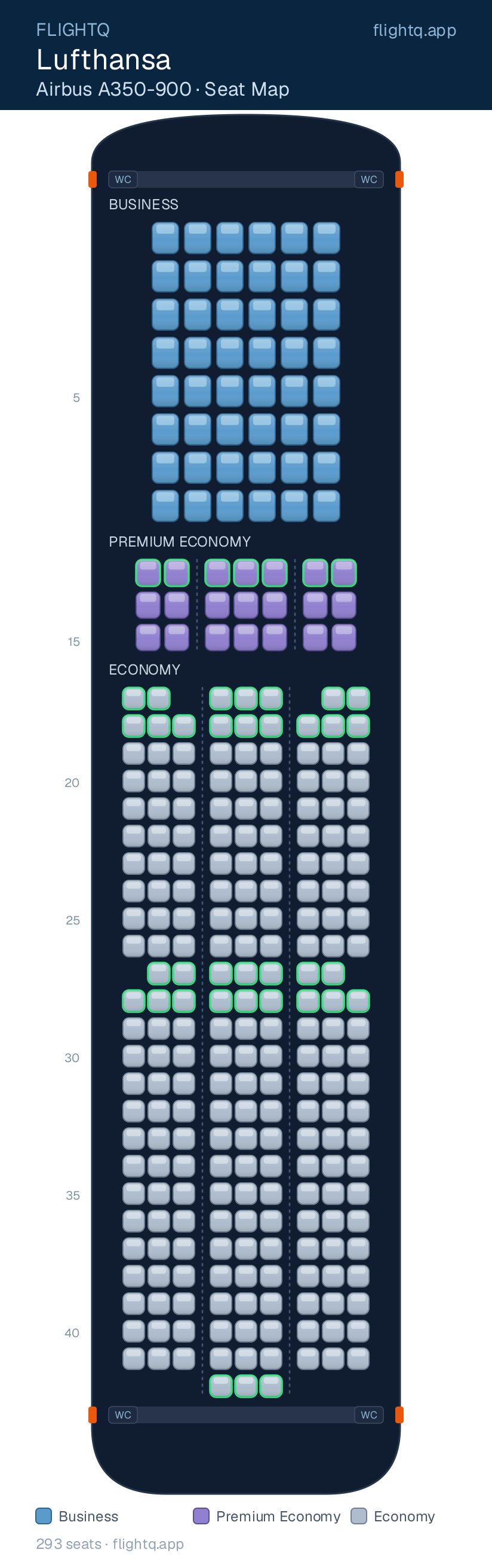 Lufthansa Airbus A350-900 seat map with 293 seats across 3 cabins — best seats and rows to avoid