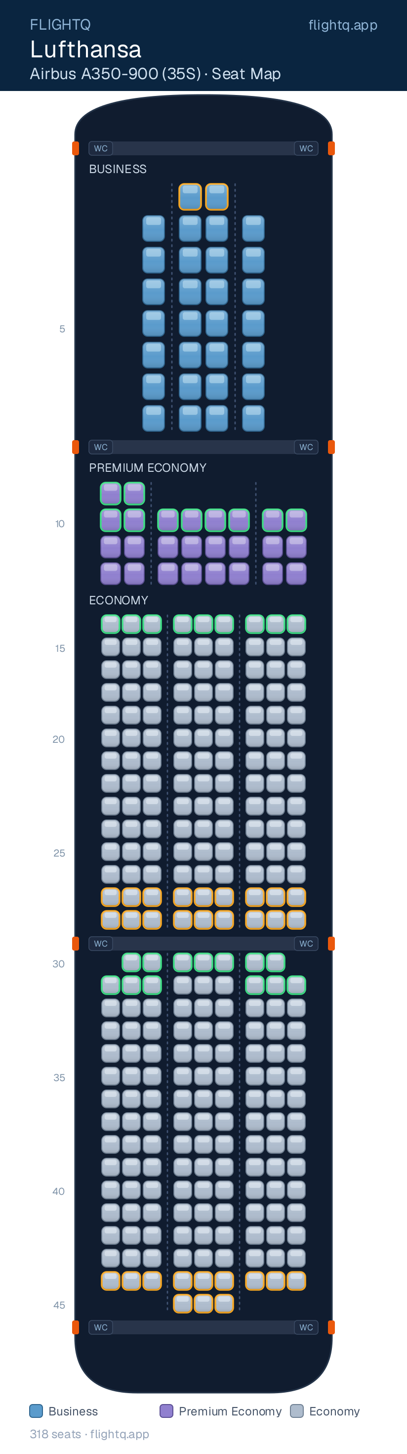 Lufthansa Airbus A350-900 seat map with 318 seats across 3 cabins — best seats and rows to avoid