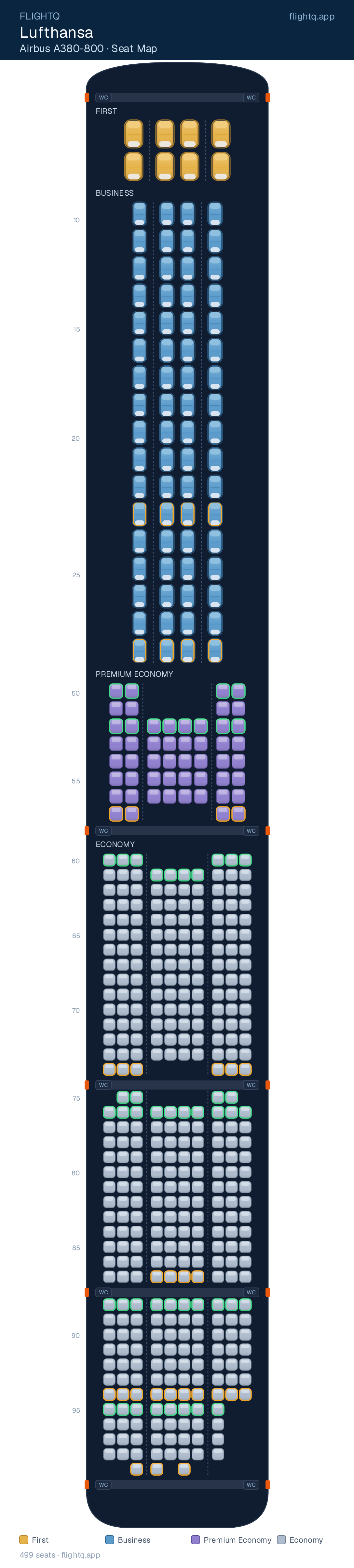 Lufthansa Airbus A380-800 seat map with 499 seats across 4 cabins — best seats and rows to avoid