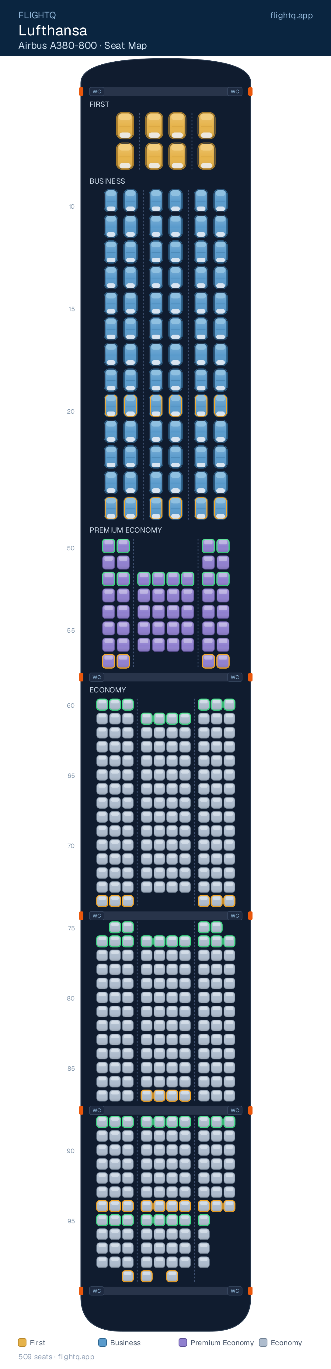 Lufthansa Airbus A380-800 seat map with 509 seats across 4 cabins — best seats and rows to avoid