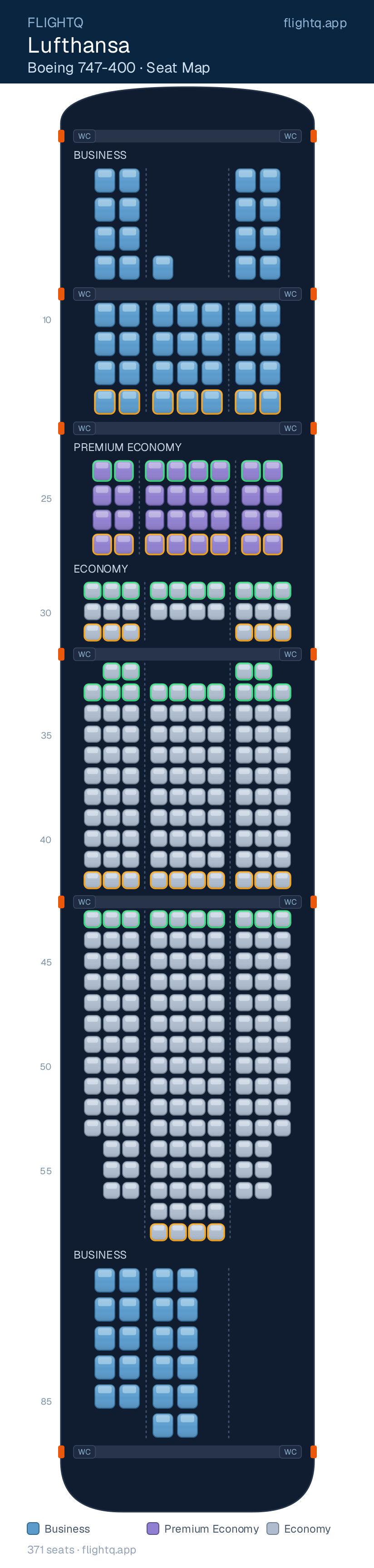 Lufthansa Boeing 747-400 seat map with 371 seats across 3 cabins — best seats and rows to avoid