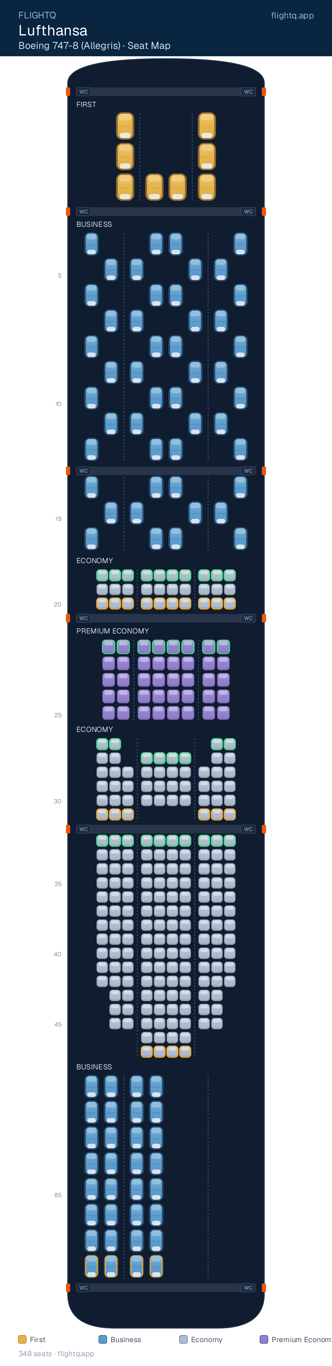 Lufthansa Boeing 747-8 seat map with 348 seats across 4 cabins — best seats and rows to avoid