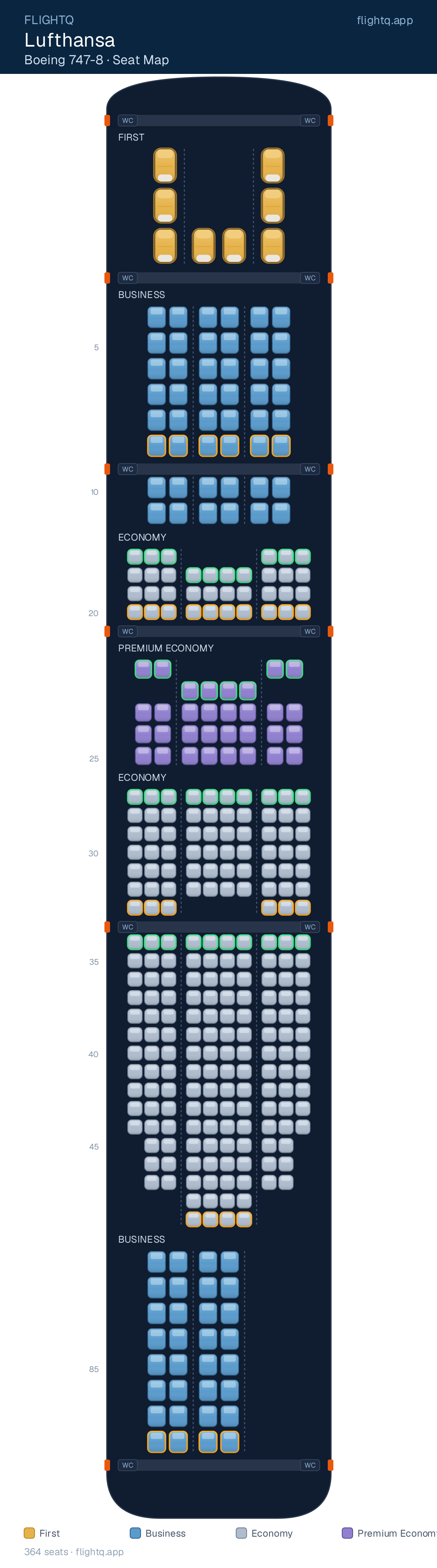 Lufthansa Boeing 747-8 seat map with 364 seats across 4 cabins — best seats and rows to avoid