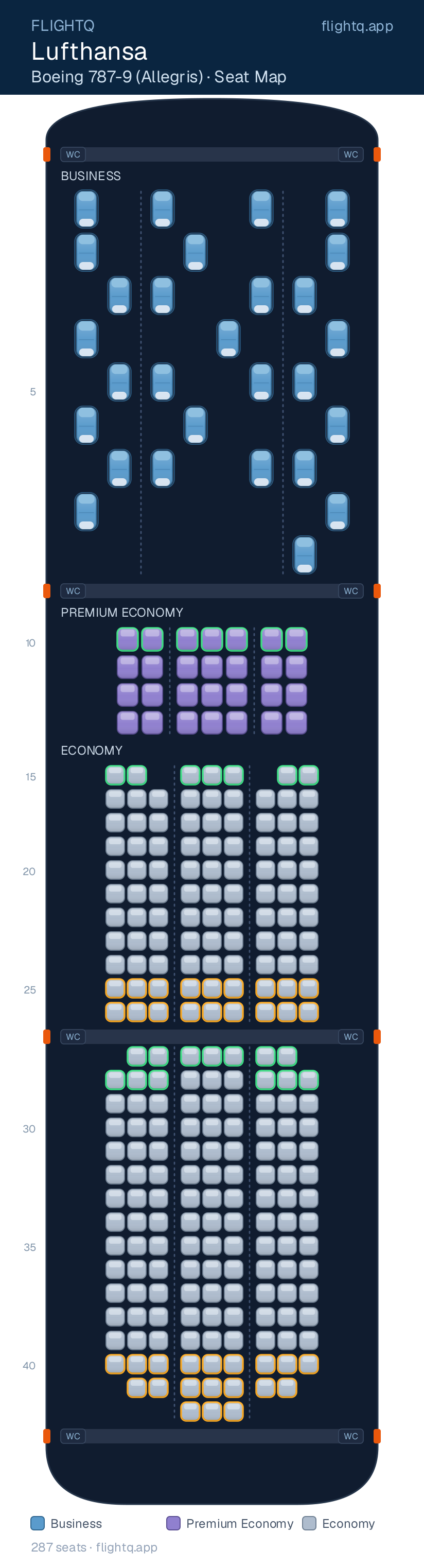 Lufthansa Boeing 787-9 Dreamliner seat map with 287 seats across 3 cabins — best seats and rows to avoid
