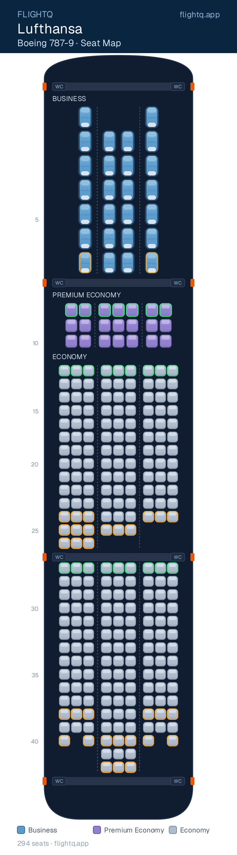 Lufthansa Boeing 787-9 Dreamliner seat map with 294 seats across 3 cabins — best seats and rows to avoid