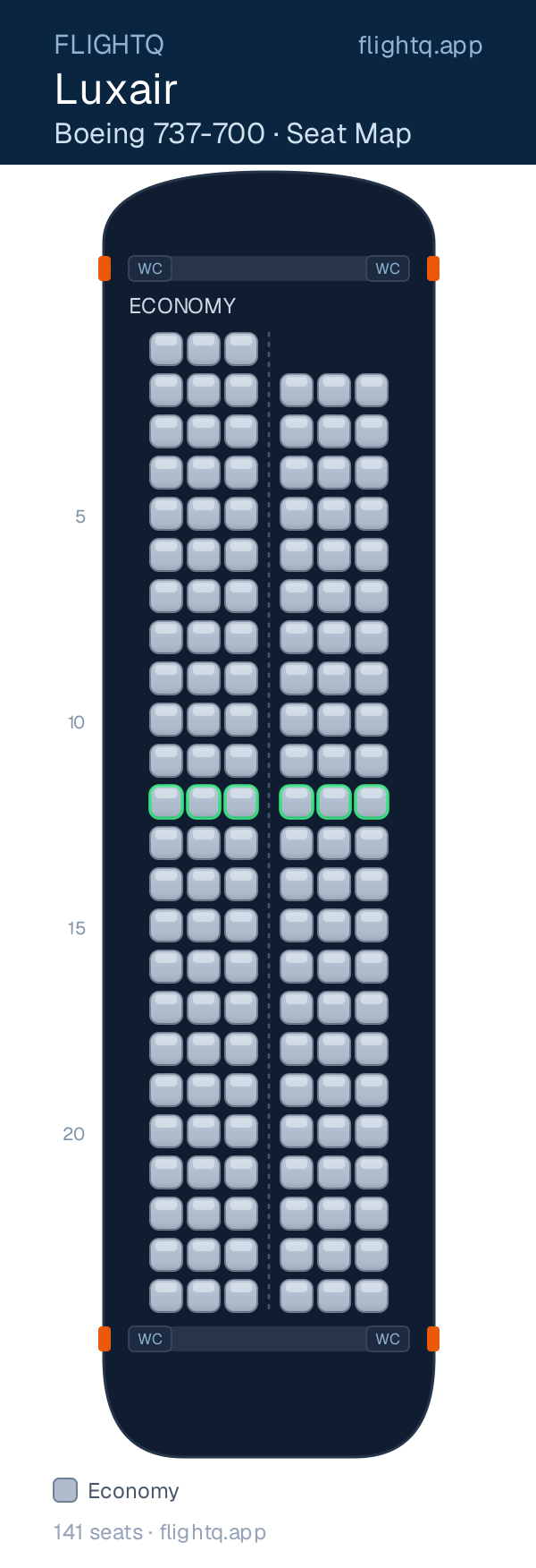 Luxair Boeing 737-700 seat map with 141 seats — best seats and rows to avoid