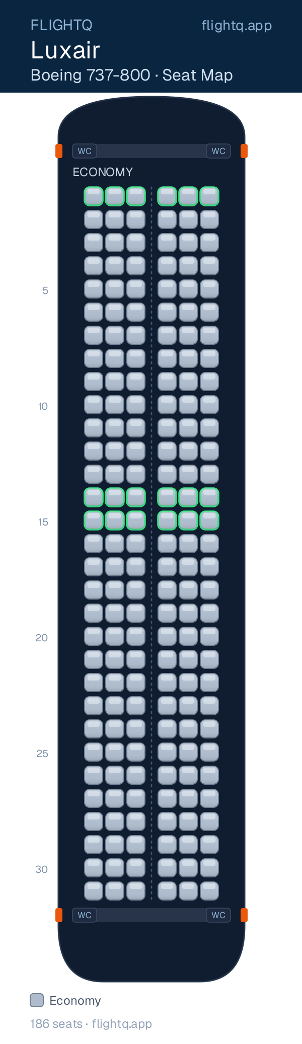 Luxair Boeing 737-800 seat map with 186 seats — best seats and rows to avoid