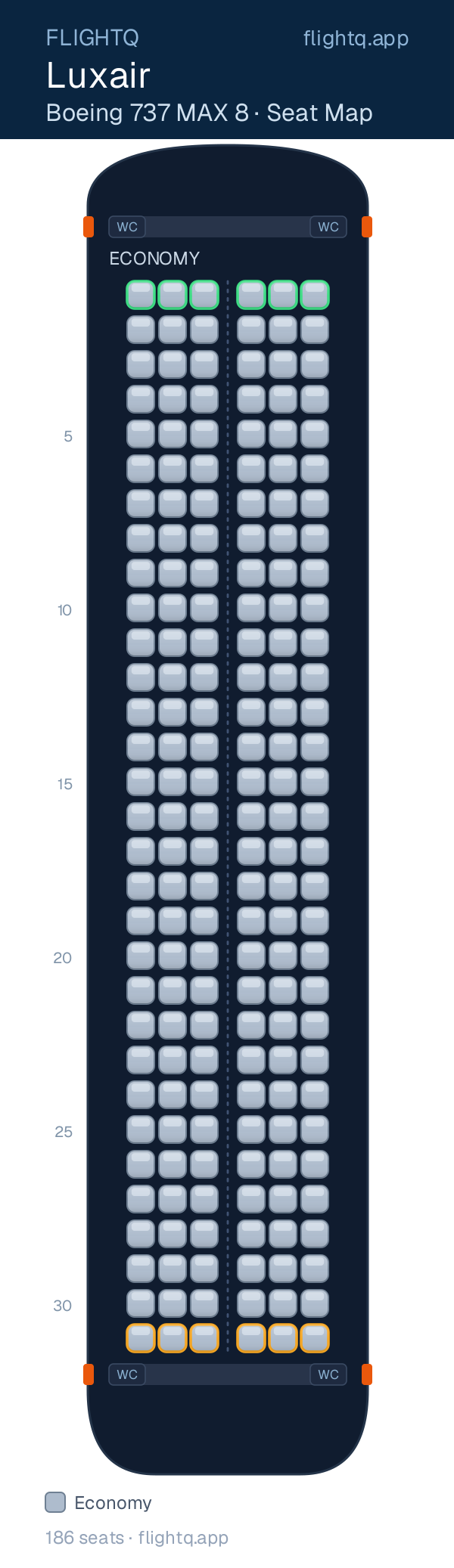 Luxair Boeing 737 MAX 8 seat map with 186 seats — best seats and rows to avoid