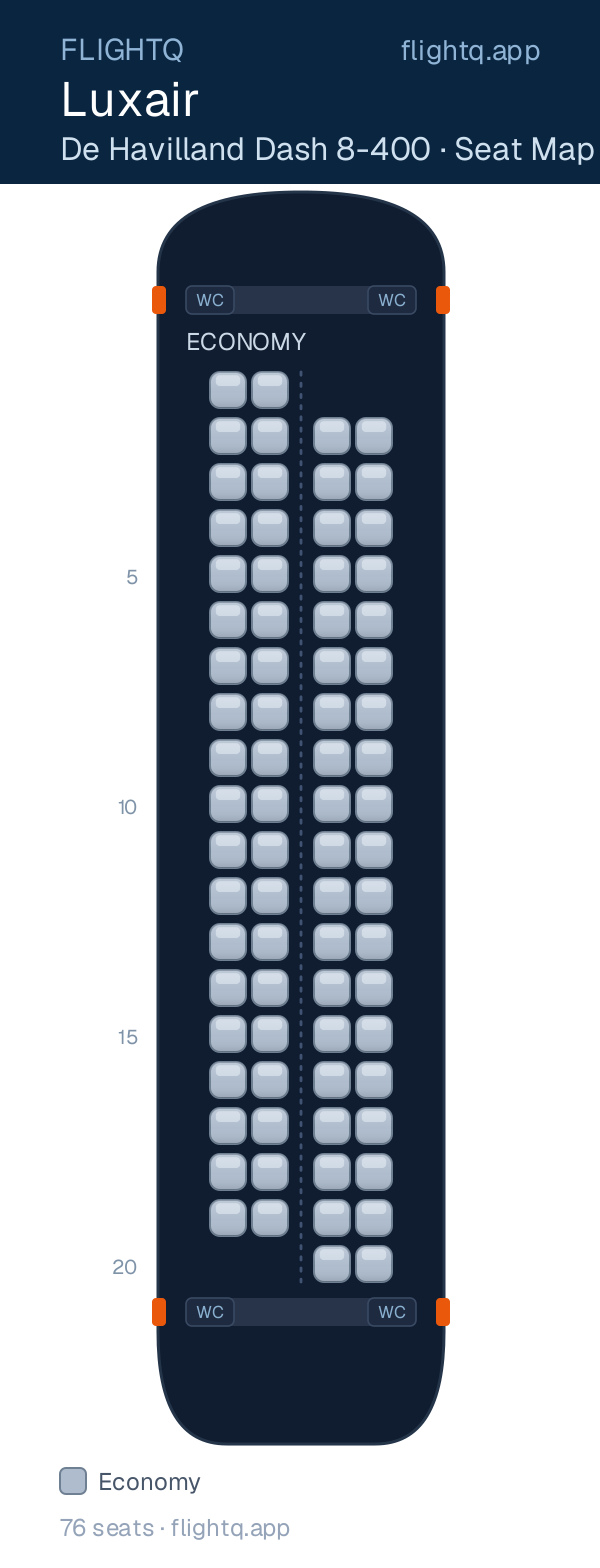 Luxair De Havilland Dash 8-400 seat map with 76 seats — best seats and rows to avoid
