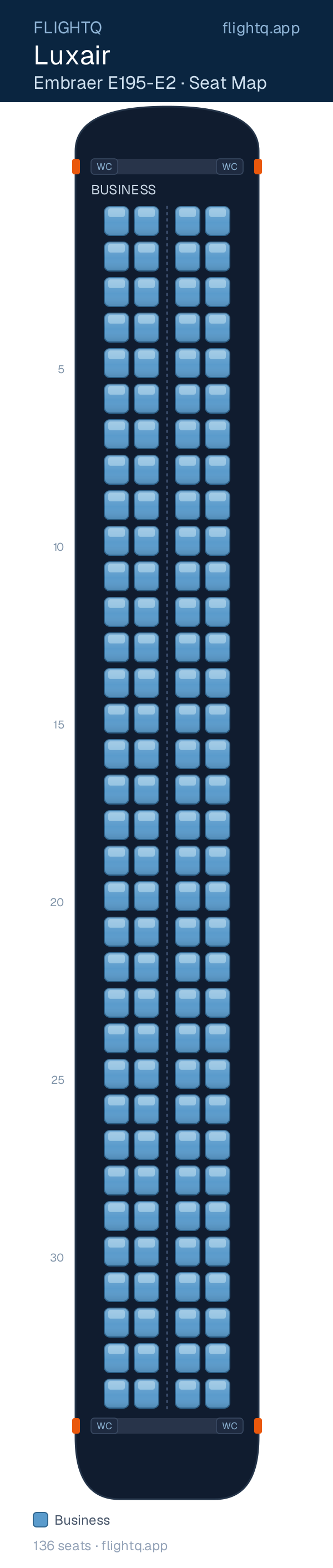 Luxair Embraer E195-E2 seat map with 136 seats — best seats and rows to avoid