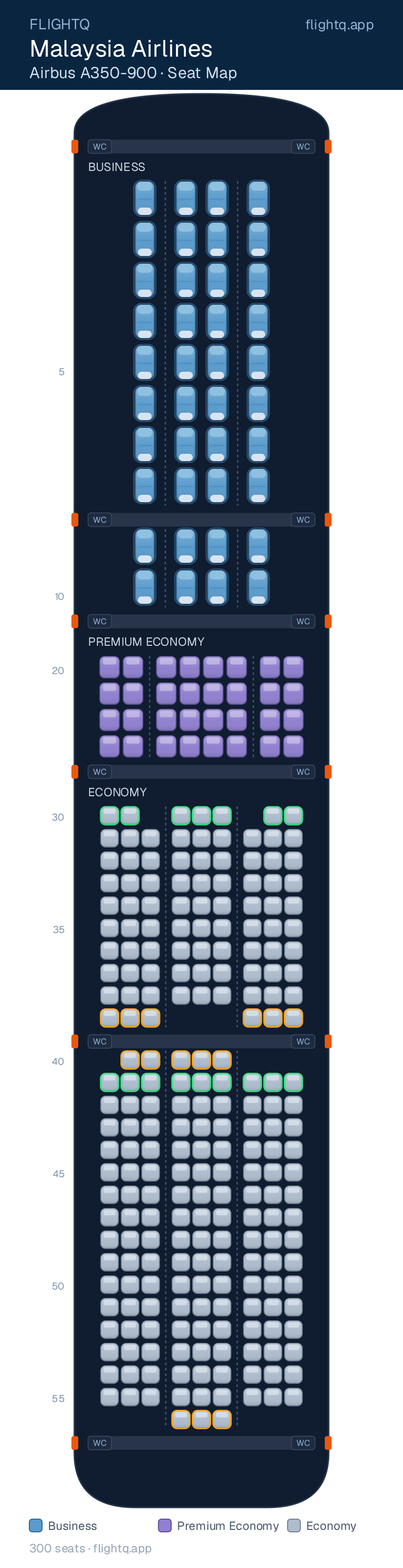 Malaysia Airlines Airbus A350-900 seat map with 300 seats across 3 cabins — best seats and rows to avoid