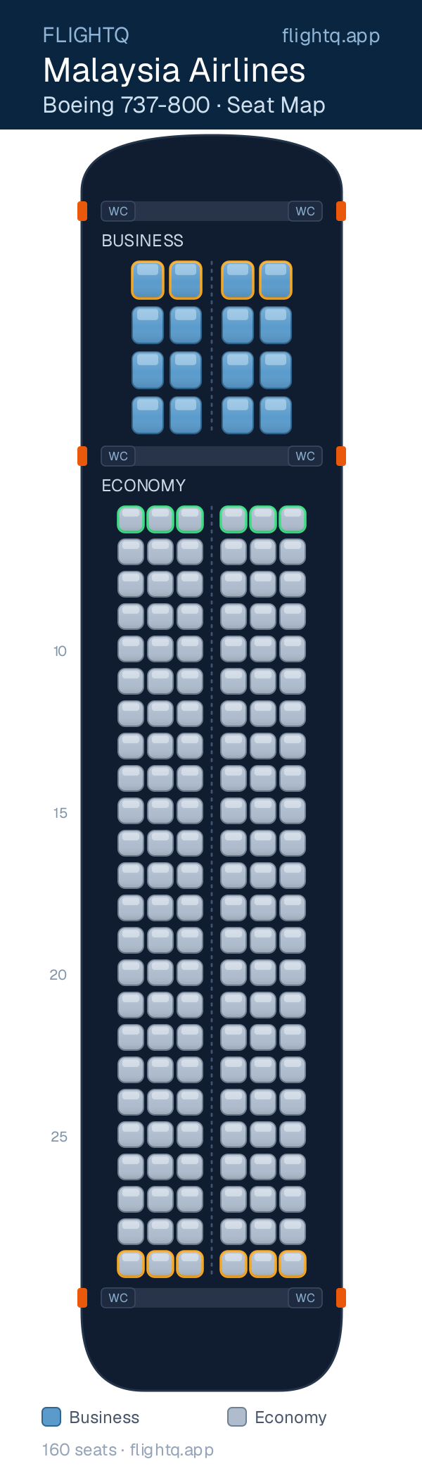 Malaysia Airlines Boeing 737-800 seat map with 160 seats across 2 cabins — best seats and rows to avoid
