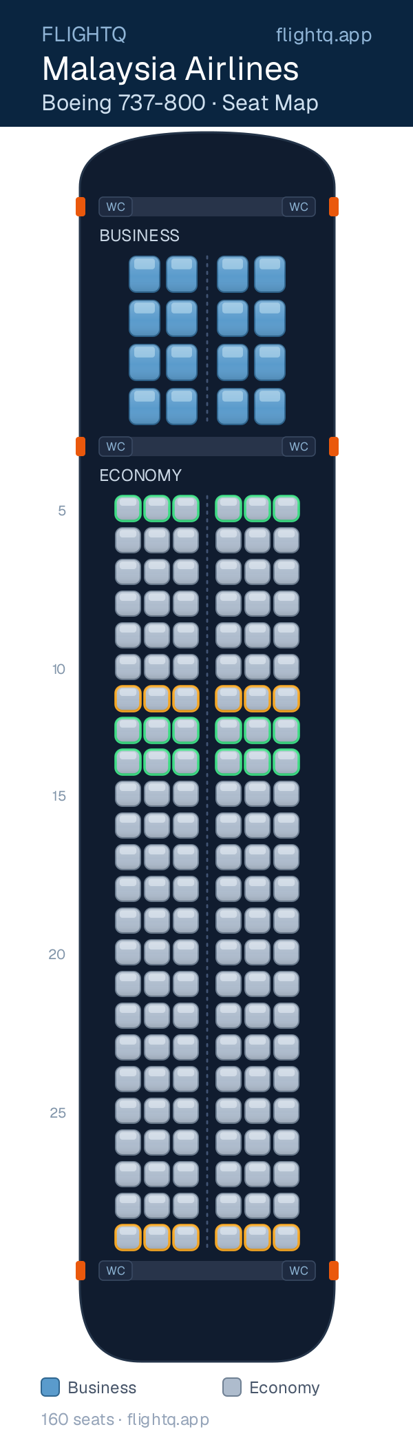 Malaysia Airlines Boeing 737-800 seat map with 160 seats across 2 cabins — best seats and rows to avoid