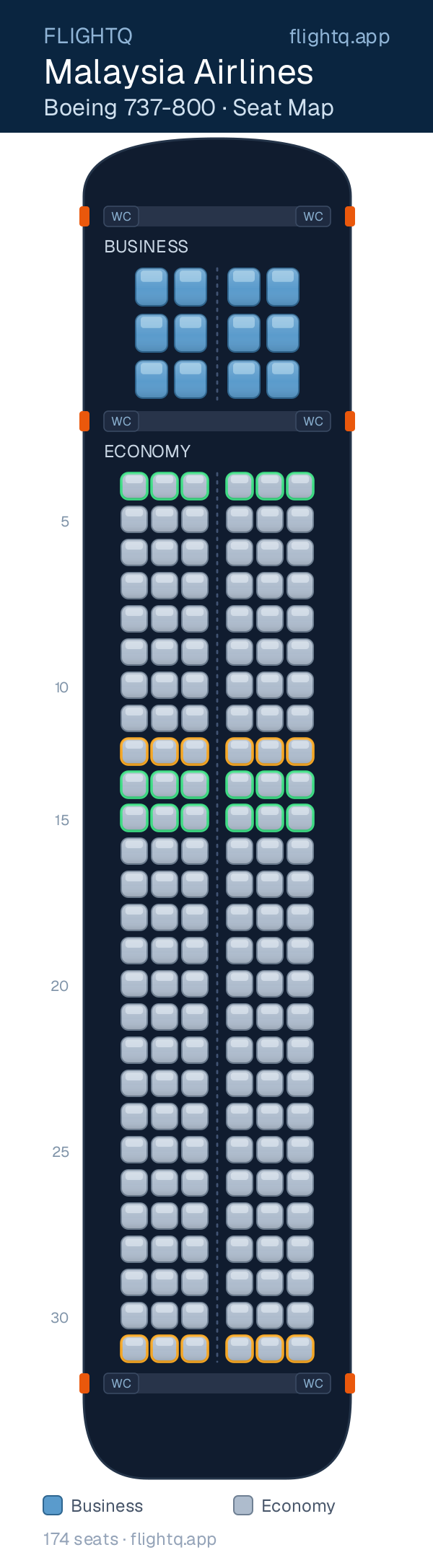 Malaysia Airlines Boeing 737-800 seat map with 174 seats across 2 cabins — best seats and rows to avoid