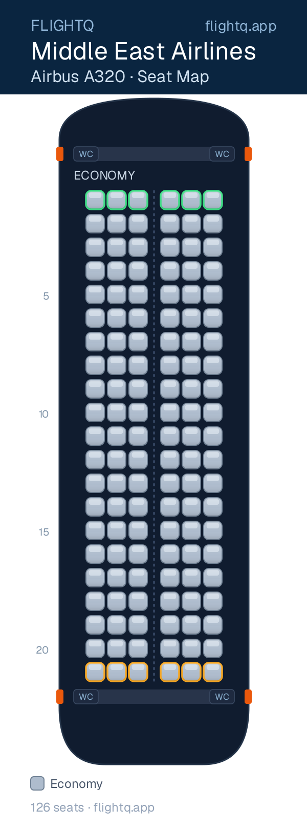 Middle East Airlines Airbus A320 seat map with 126 seats — best seats and rows to avoid