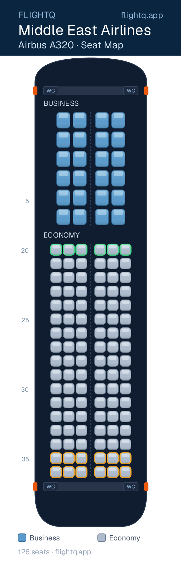 Middle East Airlines Airbus A320 seat map with 126 seats across 2 cabins — best seats and rows to avoid
