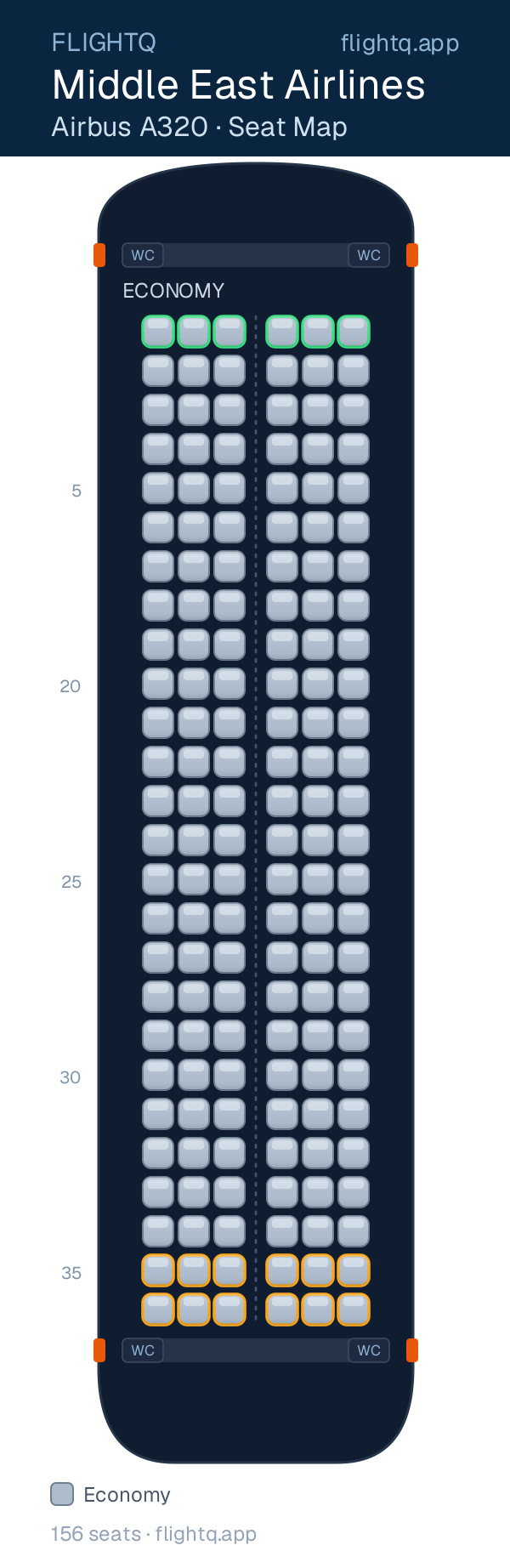 Middle East Airlines Airbus A320 seat map with 156 seats — best seats and rows to avoid