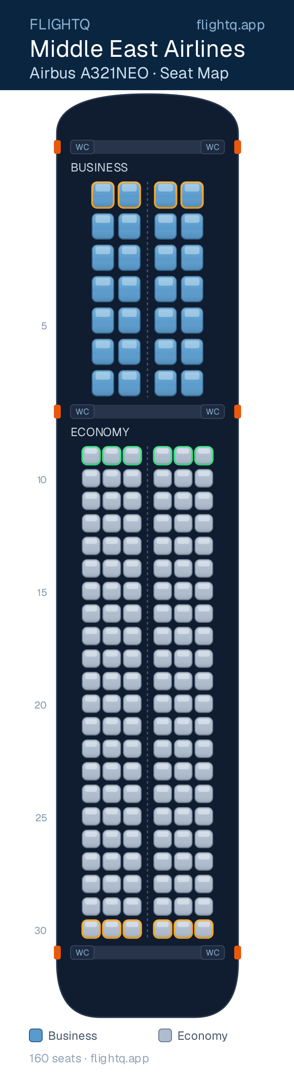 Middle East Airlines Airbus A321NEO seat map with 160 seats across 2 cabins — best seats and rows to avoid
