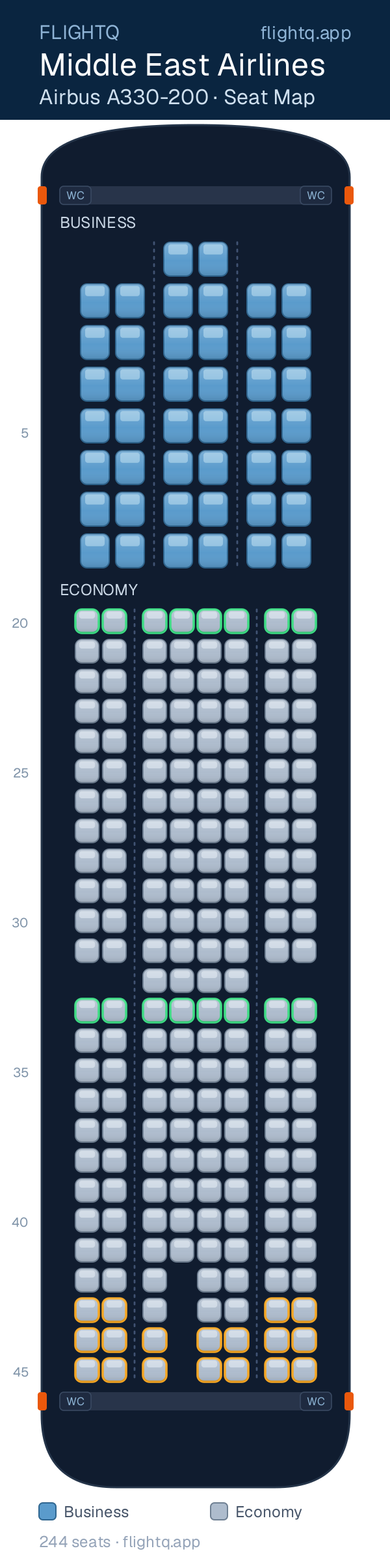 Middle East Airlines Airbus A330-200 seat map with 244 seats across 2 cabins — best seats and rows to avoid