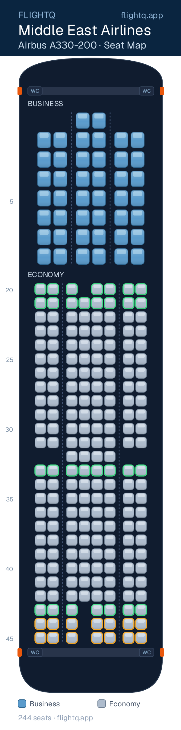 Middle East Airlines Airbus A330-200 seat map with 244 seats across 2 cabins — best seats and rows to avoid