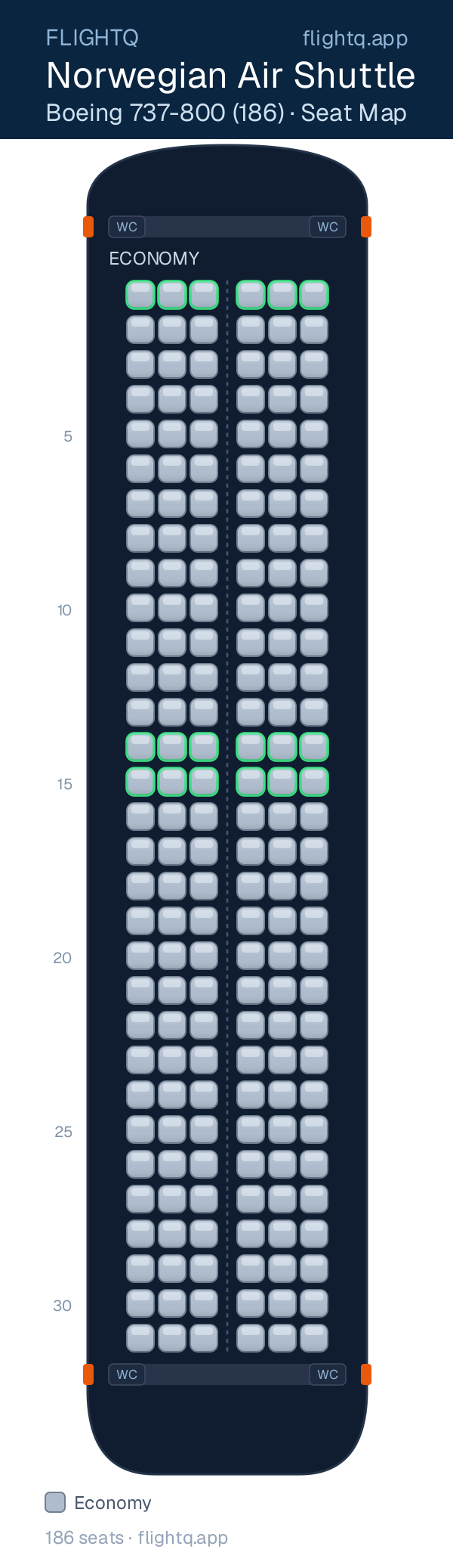 Norwegian Air Shuttle Boeing 737-800 (186) seat map with 186 seats — best seats and rows to avoid