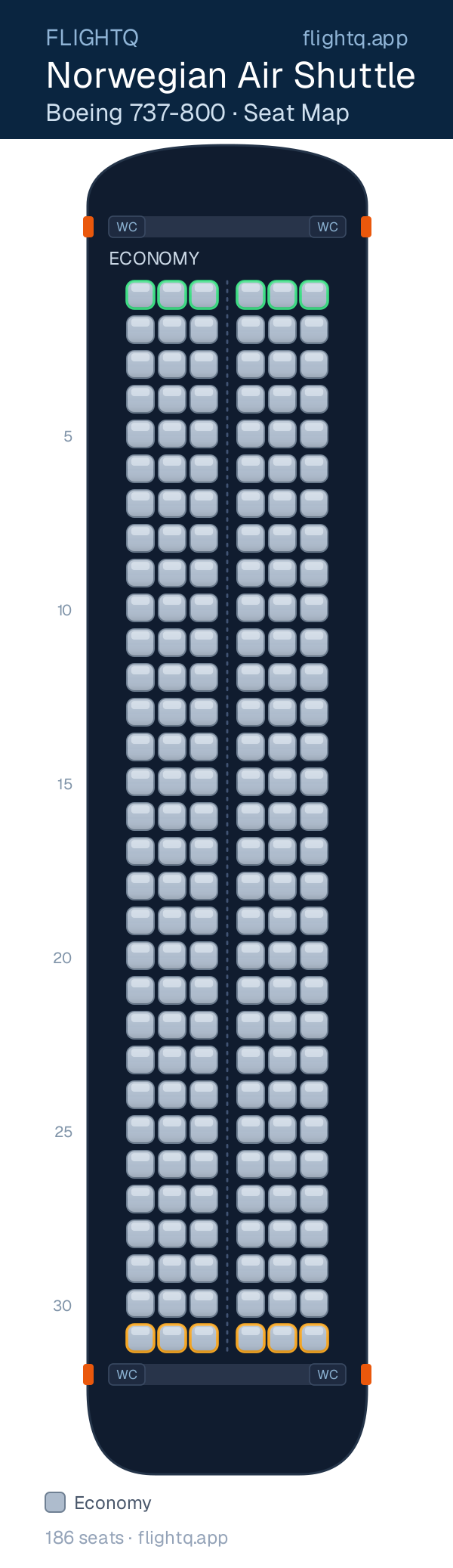 Norwegian Air Shuttle Boeing 737-800 seat map with 186 seats — best seats and rows to avoid