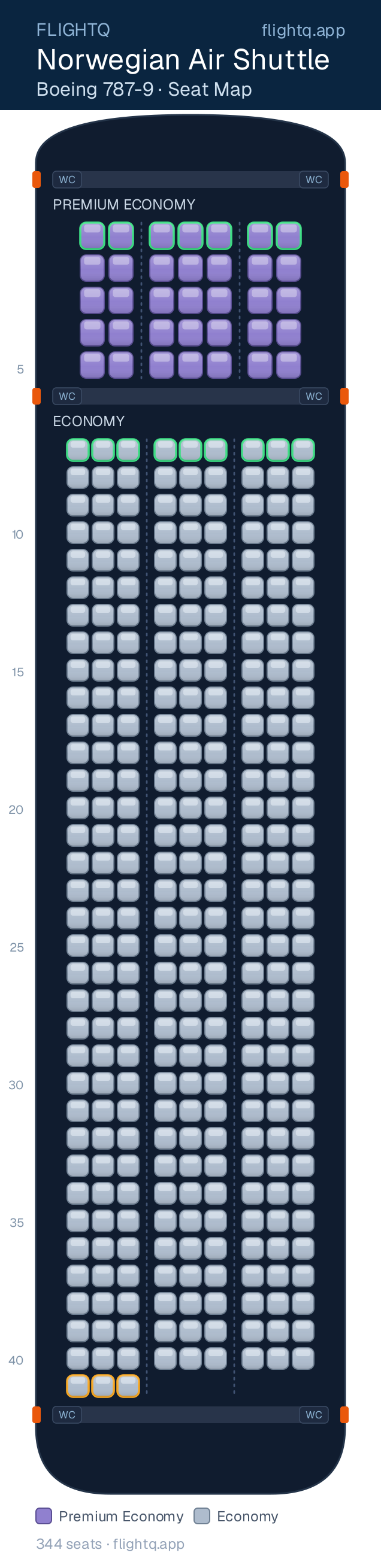 Norwegian Air Shuttle Boeing 787-9 Dreamliner seat map with 344 seats across 2 cabins — best seats and rows to avoid