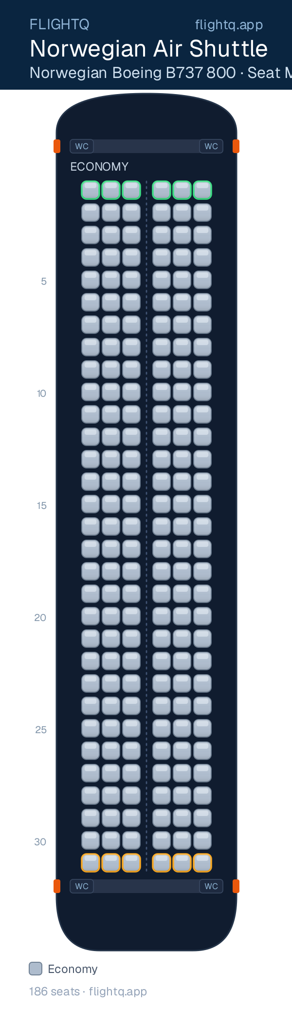 Norwegian Air Shuttle Boeing 737-800 seat map with 186 seats — best seats and rows to avoid