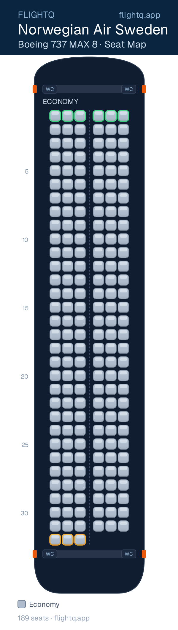 Norwegian Air Sweden Boeing 737 MAX 8 seat map with 189 seats — best seats and rows to avoid