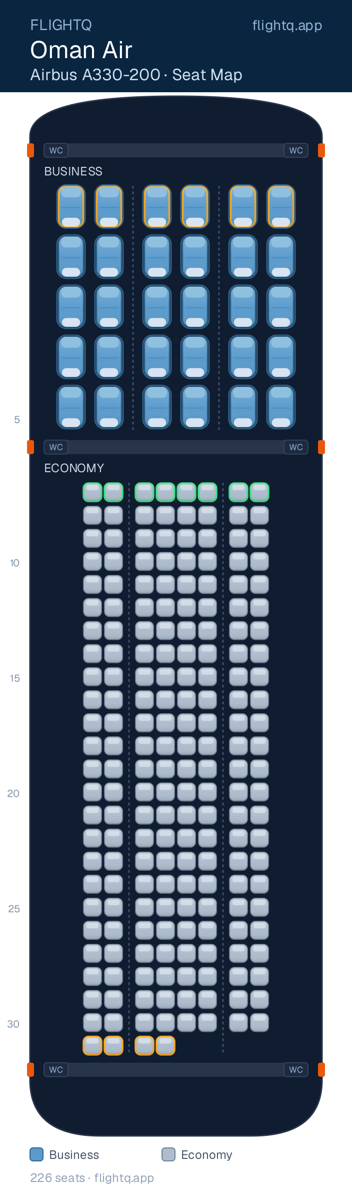 Oman Air Airbus A330-200 seat map with 226 seats across 2 cabins — best seats and rows to avoid