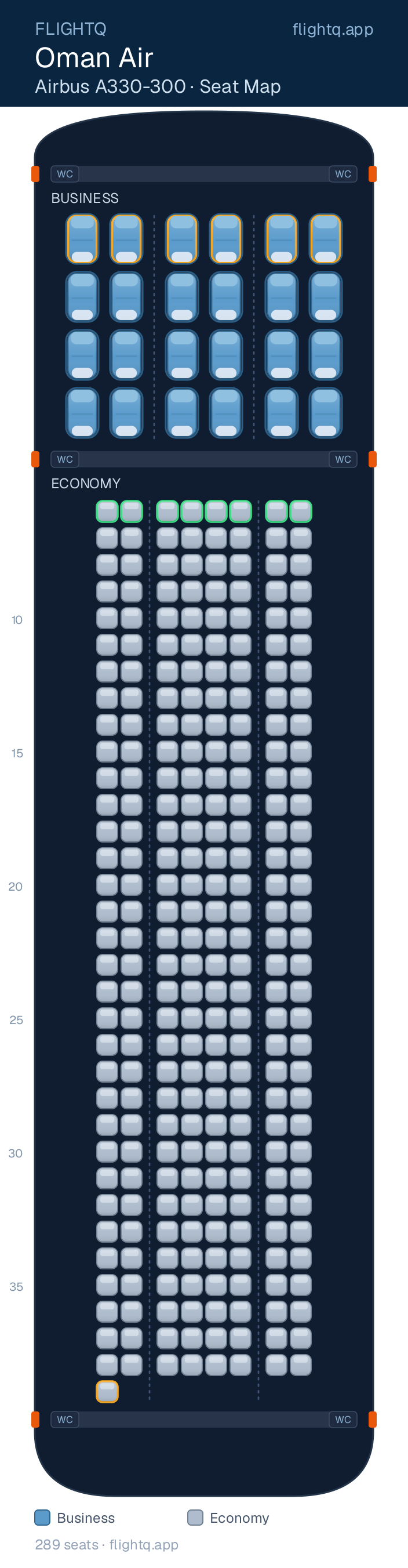 Oman Air Airbus A330-300 seat map with 289 seats across 2 cabins — best seats and rows to avoid