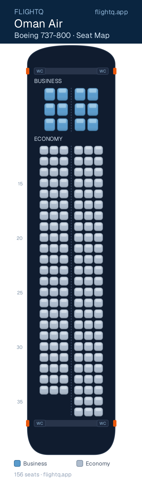 Oman Air Boeing 737-800 seat map with 156 seats across 2 cabins — best seats and rows to avoid