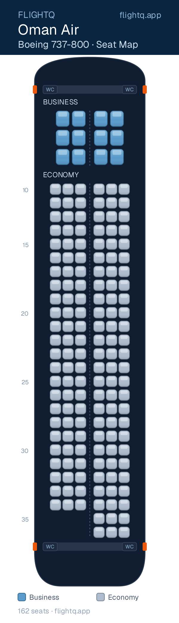 Oman Air Boeing 737-800 seat map with 162 seats across 2 cabins — best seats and rows to avoid