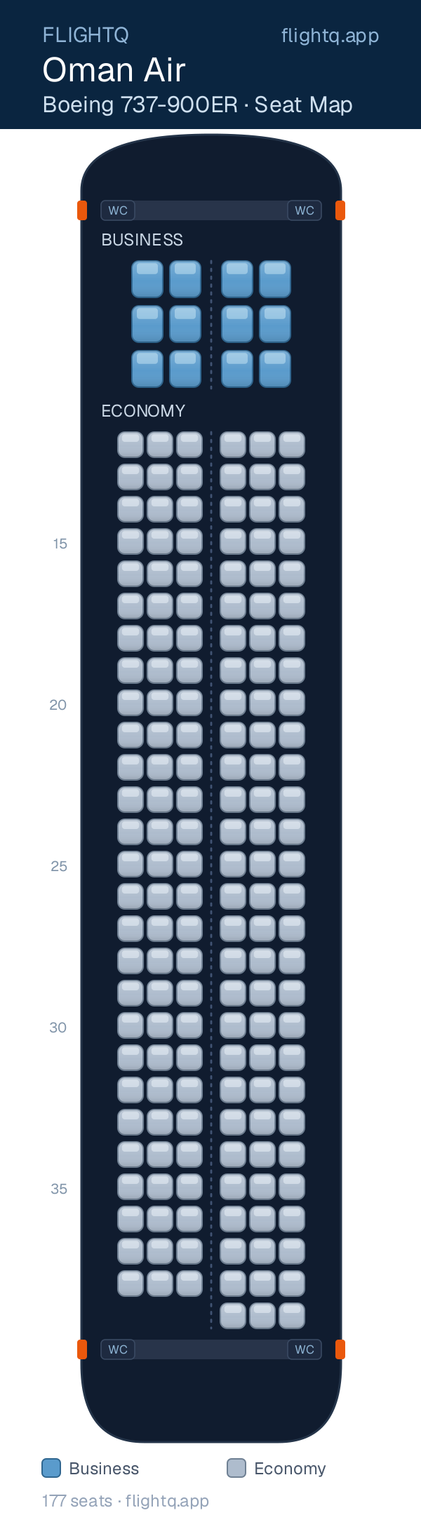 Oman Air Boeing 737-900 seat map with 177 seats across 2 cabins — best seats and rows to avoid