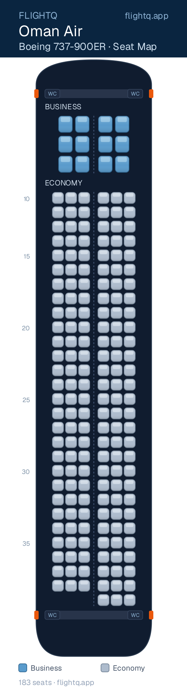 Oman Air Boeing 737-900 seat map with 183 seats across 2 cabins — best seats and rows to avoid