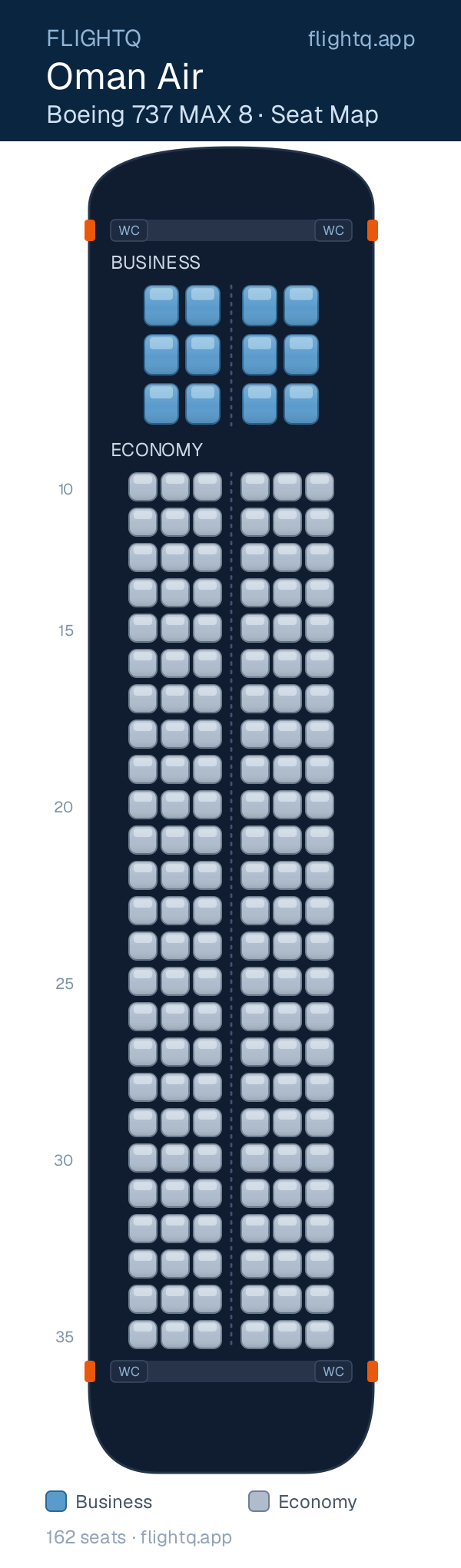 Oman Air Boeing 737 MAX 8 seat map with 162 seats across 2 cabins — best seats and rows to avoid