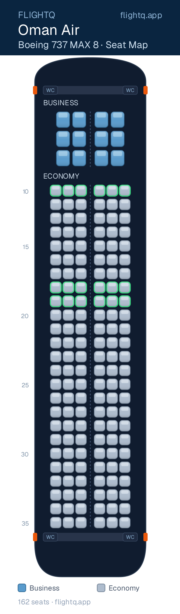 Oman Air Boeing 737-800 seat map with 162 seats across 2 cabins — best seats and rows to avoid