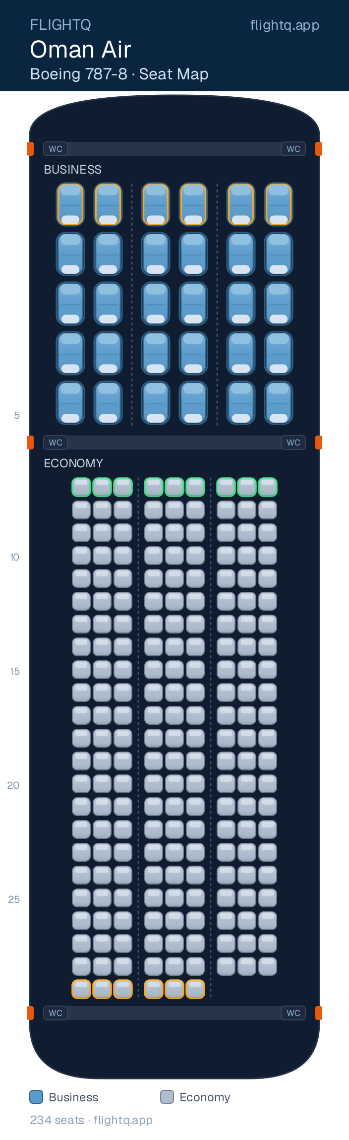 Oman Air Boeing 787-8 Dreamliner seat map with 234 seats across 2 cabins — best seats and rows to avoid