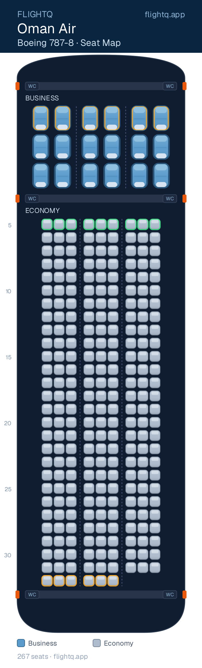 Oman Air Boeing 787-8 Dreamliner seat map with 267 seats across 2 cabins — best seats and rows to avoid