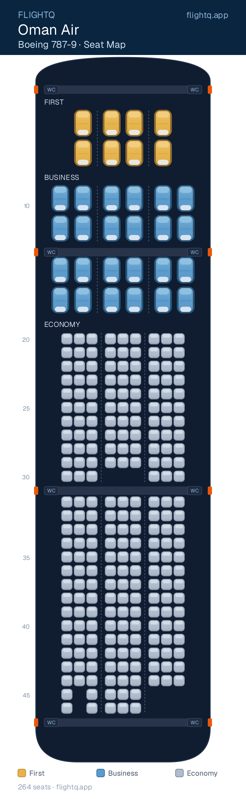 Oman Air Boeing 787-9 seat map with 264 seats across 3 cabins — best seats and rows to avoid