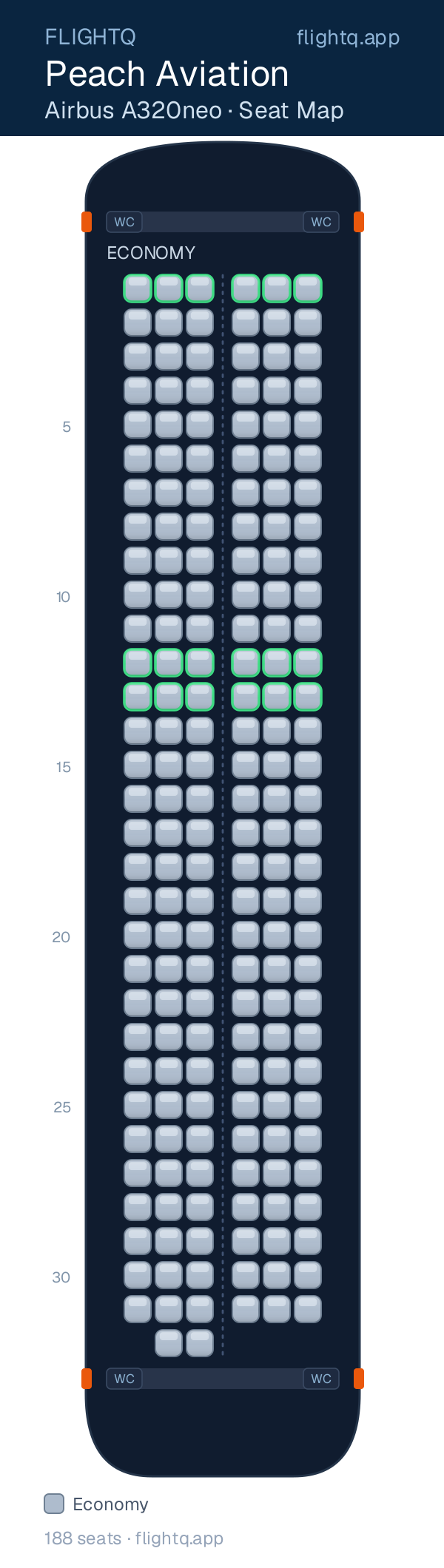 Peach Aviation Airbus A320neo seat map with 188 seats — best seats and rows to avoid