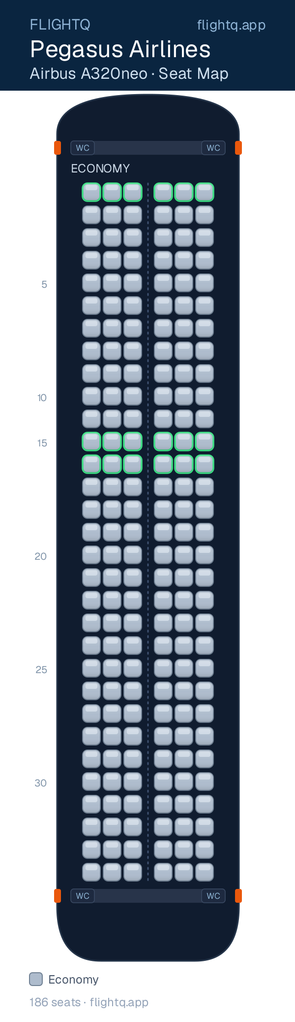 Pegasus Airlines Airbus A320neo seat map with 186 seats — best seats and rows to avoid