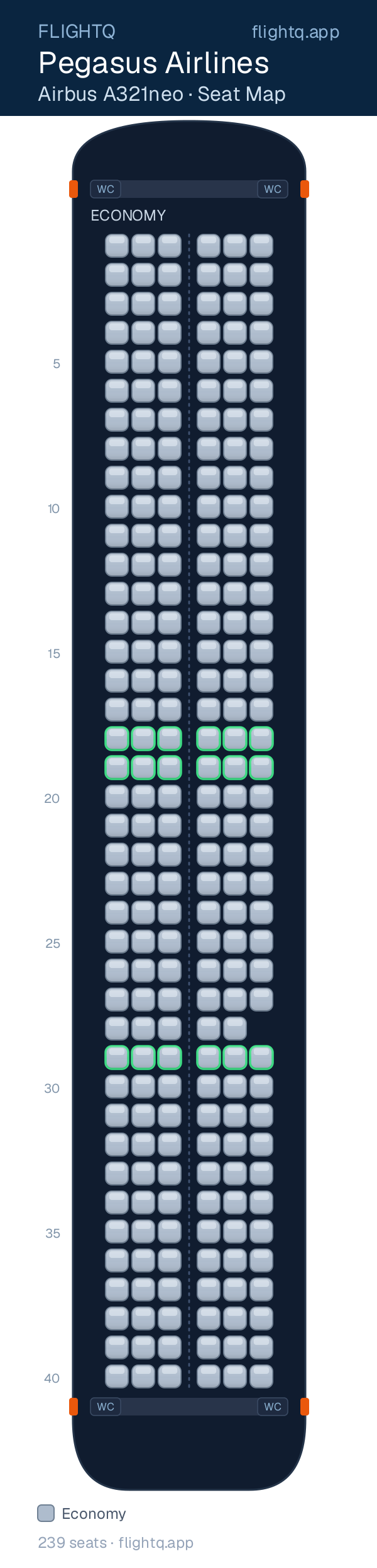 Pegasus Airlines Airbus A321neo seat map with 239 seats — best seats and rows to avoid