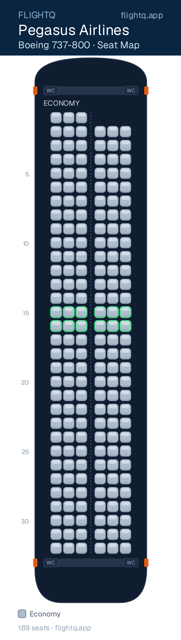 Pegasus Airlines Boeing 737-800 seat map with 189 seats — best seats and rows to avoid