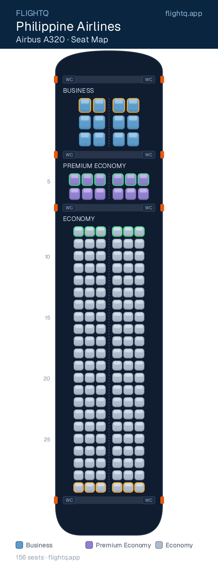 Philippine Airlines Airbus A320 seat map with 156 seats across 3 cabins — best seats and rows to avoid