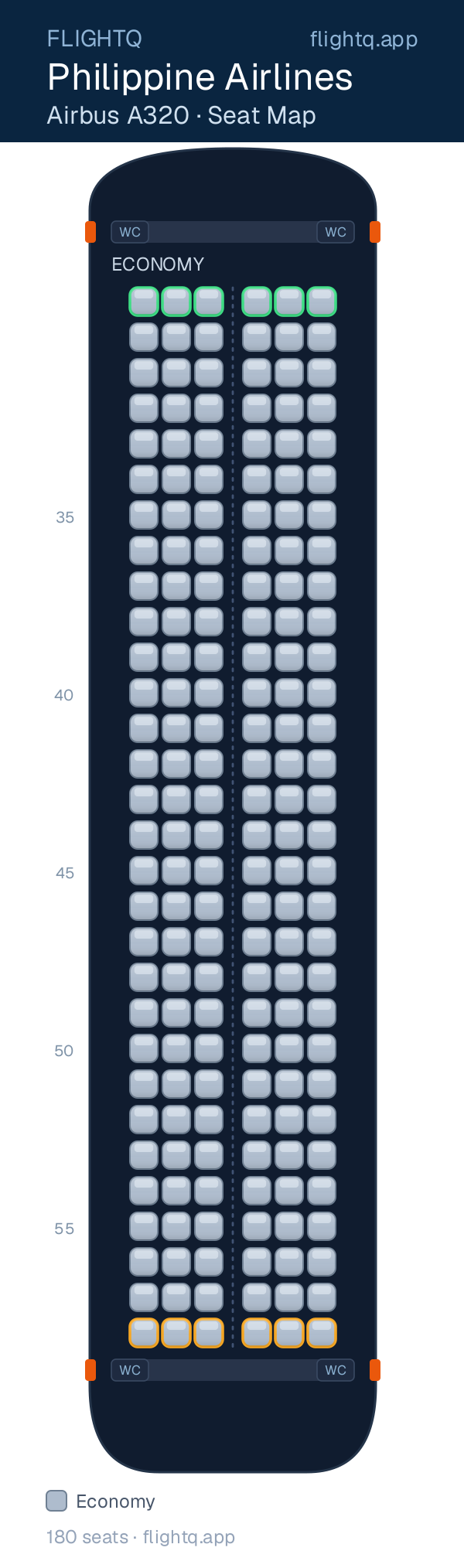 Philippine Airlines Airbus A320 seat map with 180 seats — best seats and rows to avoid