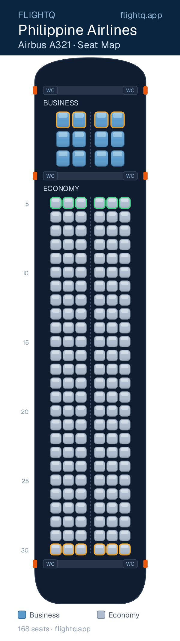 Philippine Airlines Airbus A321 seat map with 168 seats across 2 cabins — best seats and rows to avoid